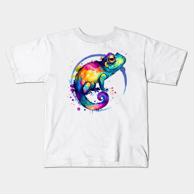 Colorful Chameleon Watercolor Splash Art Print - Blue Kids T-Shirt by Hazel the Aesthete